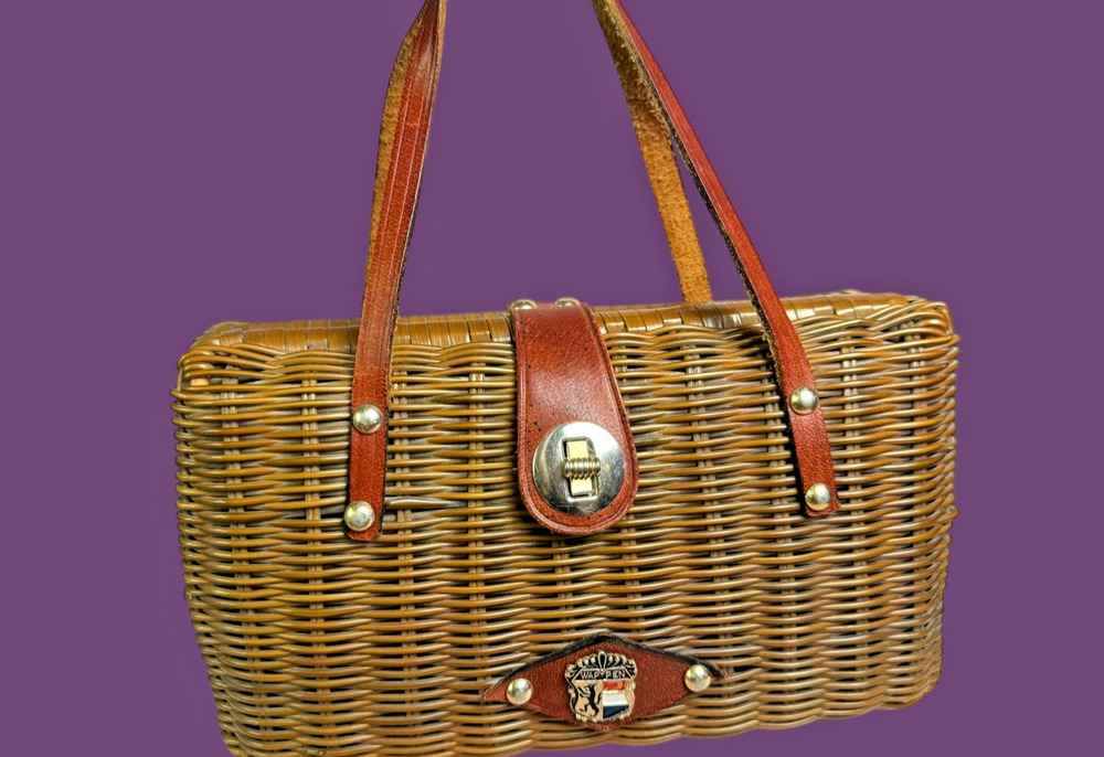 Vintage WAP PEN Wicker Basket Purse Leather Straps Dutch Crest Handbag 1960s